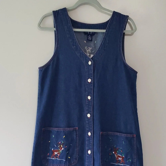 TY Original Wear VTG Denim Embroidered Sleeveless Jumper Dress Women 10 Reindeer - Picture 2 of 11